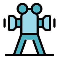 Retro movie camera standing on tripod, filming icon vector