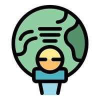 Journalist reporting breaking news holding microphone with planet earth background vector