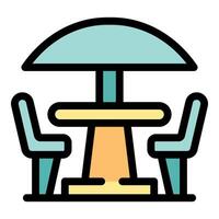 Street cafe table and chairs under umbrella, creating relaxing outdoor dining space vector