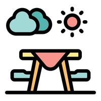 Picnic table under summer sun with clouds, enjoying outdoor dining vector