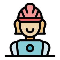 Smiling architect working on laptop wearing helmet, construction and design expertise vector