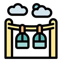 Cable car hanging on ropeway transporting passengers up mountain under cloudy sky vector