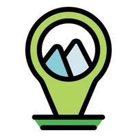 Green location pin icon showing mountains inside navigation symbol vector