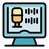 Podcast recording software displaying microphone and sound waves on computer screen vector