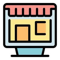 Online shop building with awning on computer screen representing e commerce vector