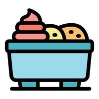 Ice cream scoops and whipped cream filling a plastic dessert bowl vector