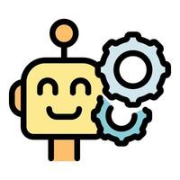 Friendly robot thinking with rotating gears, artificial intelligence icon vector