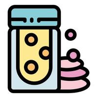 Probiotic container pouring pink substance with bubbles, maintaining gut health vector