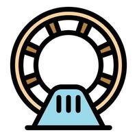 Hamster wheel rotating on blue support, providing exercise and enrichment for small pets vector