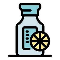 Lemon juice bottle with measuring scale and lemon slice icon vector
