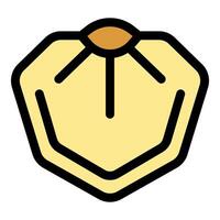 Pentagon shaped button with light yellow background and orange center emitting three rays of light vector