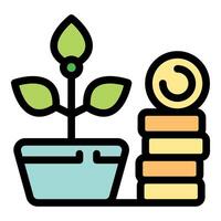 Growing plant next to increasing stack of coins symbolizing investment growth vector