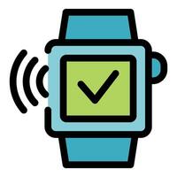 Smartwatch displaying check mark and emitting signal vector