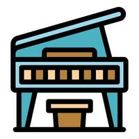 Blue grand piano with stool and open lid, ready to play music vector