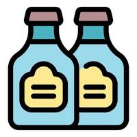 Two blue bottled products with yellow labels containing two horizontal black lines vector