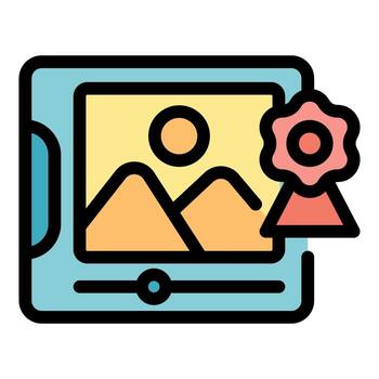 Photo editor adding quality badge to nature picture on tablet vector