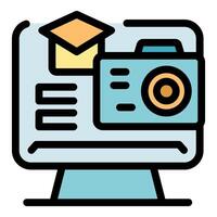 Online photography course showing graduation cap and camera on computer screen vector