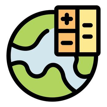 Global calculation, calculator displaying plus and minus symbols over planet earth vector