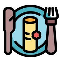 Fork and knife pointing at rolled pastry on plate vector