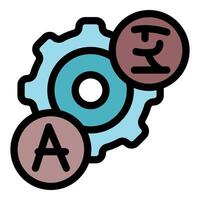 Gear connecting different languages symbolizing translation and communication vector