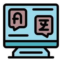 Online language translator software translating english and chinese on desktop computer screen vector
