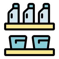 Supermarket shelves storing bottles and boxes of food or cleaning products vector