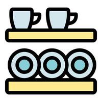 Kitchen shelves displaying plates and cups, organizing crockery for efficient storage vector