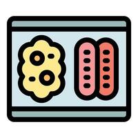 Tray with scrambled eggs and sausages being cooked in microwave oven vector