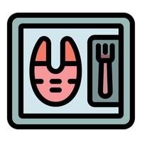 Ready meal of salmon fillet and fork in a tray being served vector