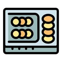 Cookies baking in oven with stacked cookies beside, freshly baked cookies cooling vector