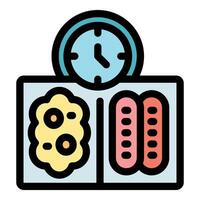 Lunchbox with sausages, scrambled eggs and clock showing lunch time vector