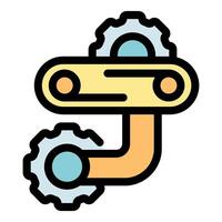Conveyor belt connecting two gears rotating and moving a product vector