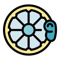 Ship wheel with hanging handle controlling boat navigation vector