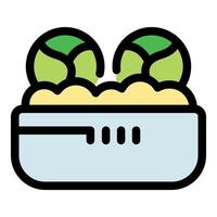 Brussels sprouts growing in potting soil inside plastic container vector
