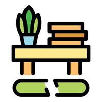 Books and plant standing on broken shelf, earthquake damage concept vector