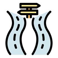 Crossroads splitting into two winding roads with signpost vector
