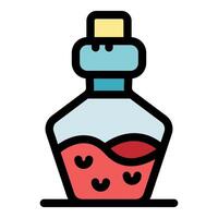Magic potion in bottle with cork lid containing red liquid and floating ingredients vector