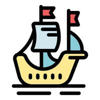 Cartoon style ship sailing on water with red flags vector