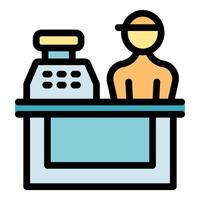 Cashier operating cash register at checkout counter vector