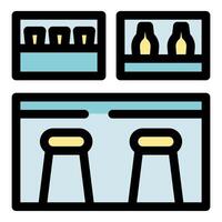 Bar counter with stools and shelves holding glasses and bottles vector
