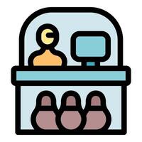 Bowling club employee managing bowling shoes rentals using computer software vector