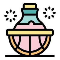 Magic potion brewing in a glass flask supported by a wooden stand, sparkling effects vector