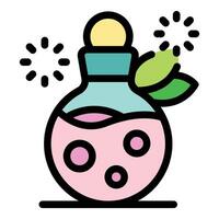 Pink magic potion bubbling in a glass jar with green leaves vector