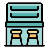 Bar counter with stools and shelves displaying drinks and snacks vector