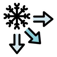 Snowflake with three arrows pointing down and right, representing cooling, freezing, winter, and air conditioning vector
