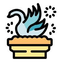 Swan sitting on nest with sparkling stars, simple icon of bird protecting eggs vector