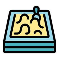 Sandbox with shovel creating wavy sand patterns, playing with sand in kindergarten or preschool vector