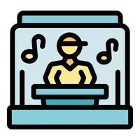 Dj playing music at console with musical notes icon vector