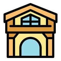 Two story building with arch and balcony featuring cross shaped window vector