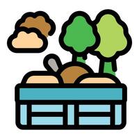 Gardening tools resting on wooden raised garden bed with trees and clouds vector